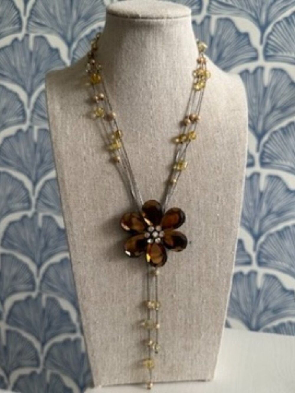 Brown Topaz Crystal Flower Pendant Lariat Y Necklace Multi Strand Beaded Boho